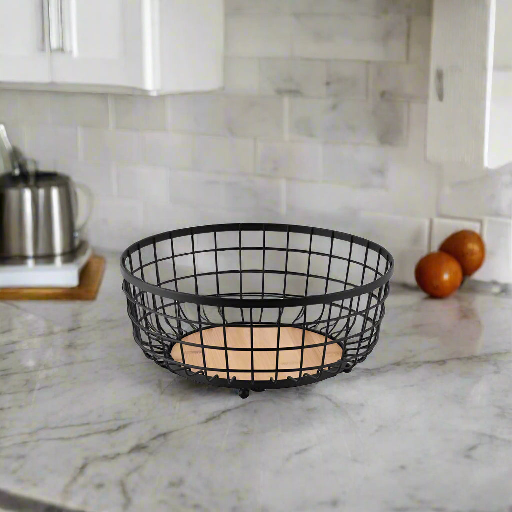 Iron Grid Fruit Basket with Bamboo Base