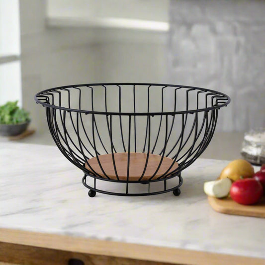 Iron Large Fruit Basket with Bamboo Base