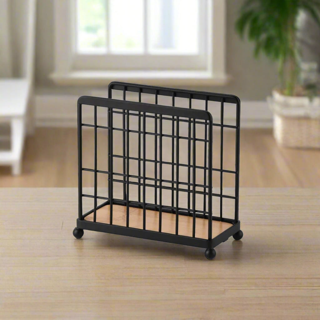 Iron Grid Napkin Holder w Bamboo Base