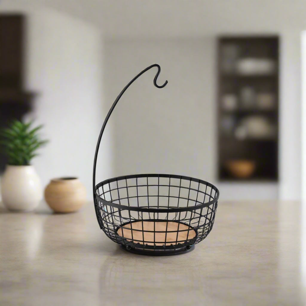 Iron Grid Banana Fruit Basket w Bamboo Base