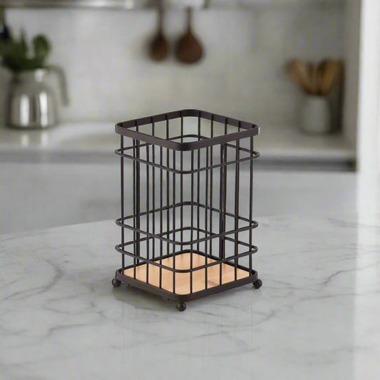 Iron Grid Cutlery Holder With Bamboo Base