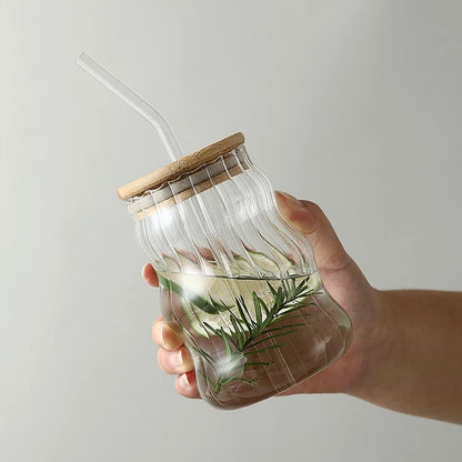 Wavy Glassware Cup with Bamboo Lid and Glass Straw