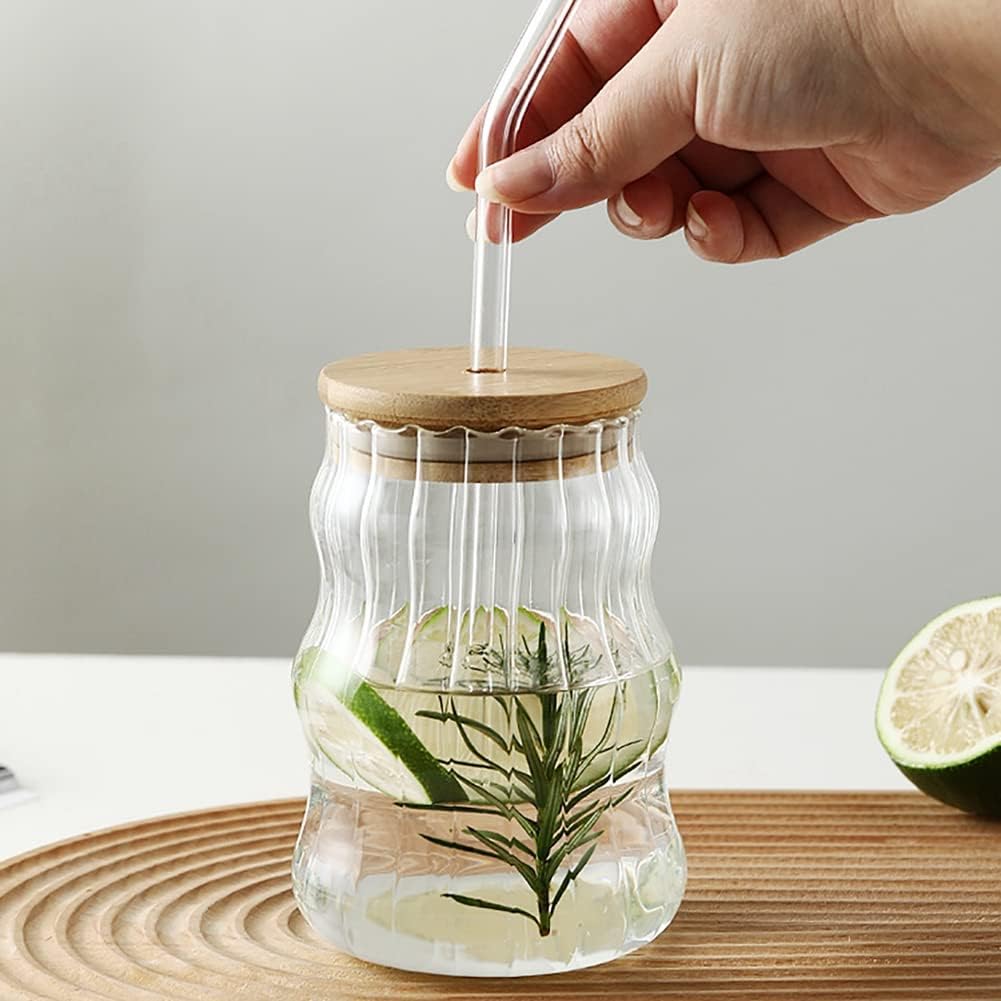 Wavy Glassware Cup with Bamboo Lid and Glass Straw