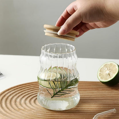 Wavy Glassware Cup with Bamboo Lid and Glass Straw