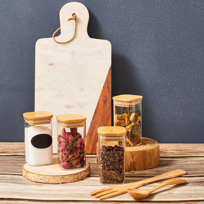 Borosilicate Glass Square Jar Wood Cover