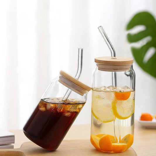 Glass Cup With  Bamboo Lids And Glass Straw