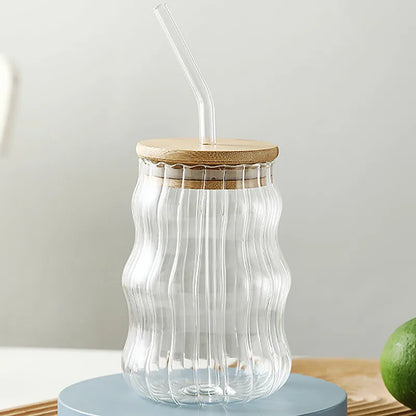 Wavy Glassware Cup with Bamboo Lid and Glass Straw