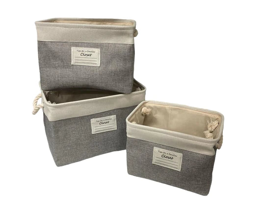 Set of 3 Large Deep Fabric Baskets with Rope Handles