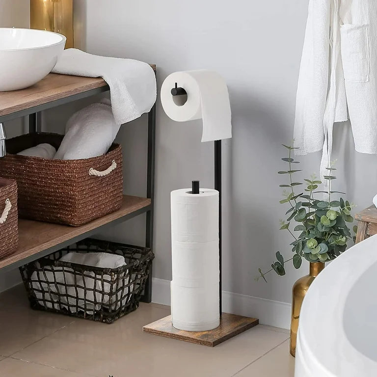 Iron Toilet Paper Holder with Wooden Base