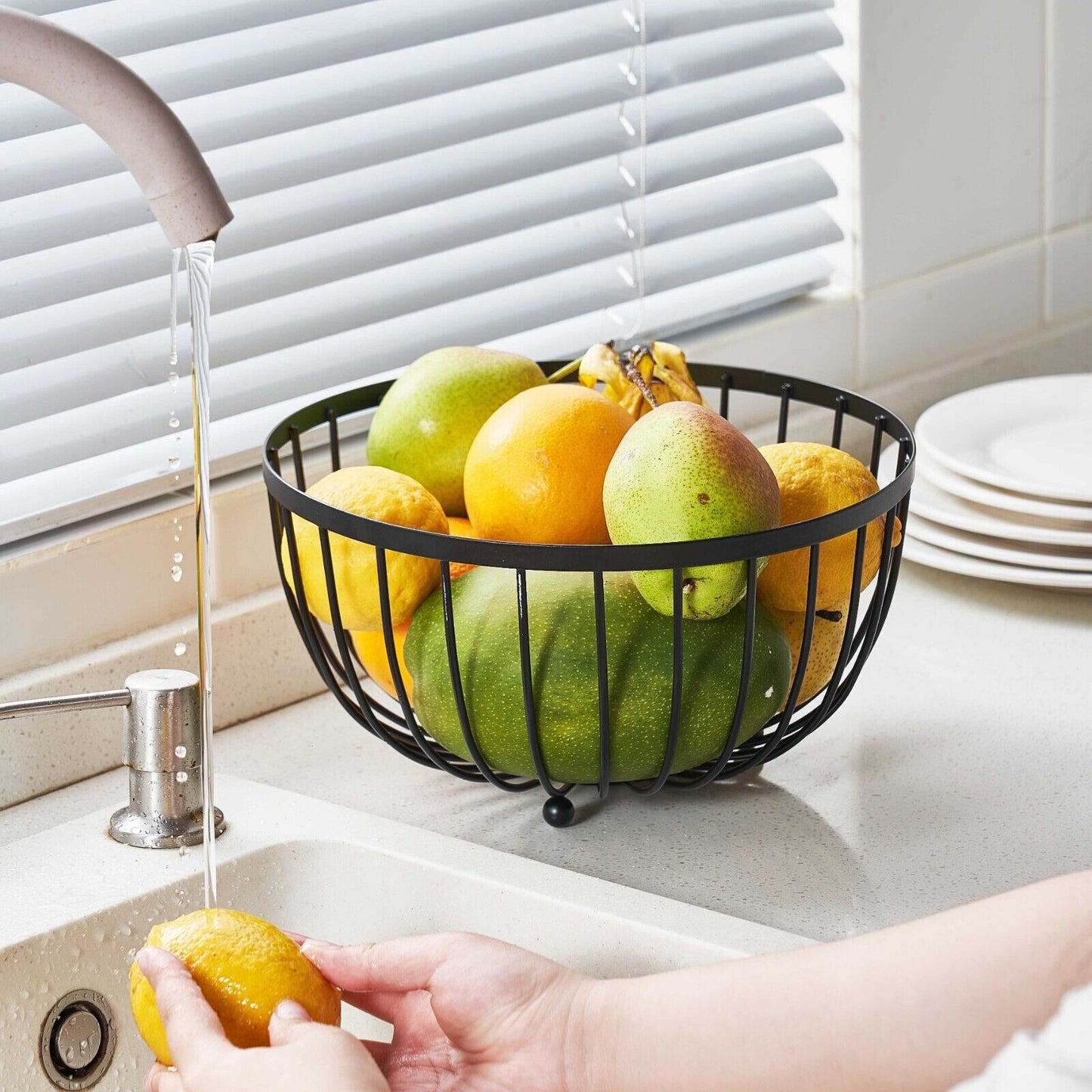 Metal Fruit Bowl With Wooden Base